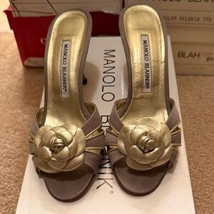 Manolo Blahnik Gold and Taupe Floral Heels